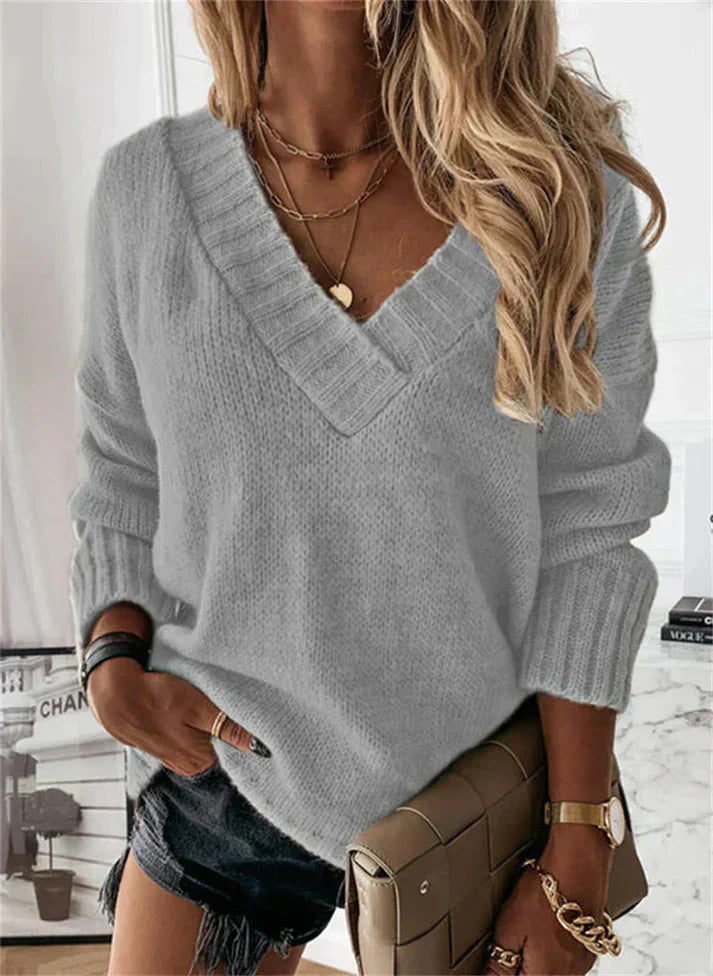 Zachte dames trui met V-hals – gebreide sweater voor herfst en winter