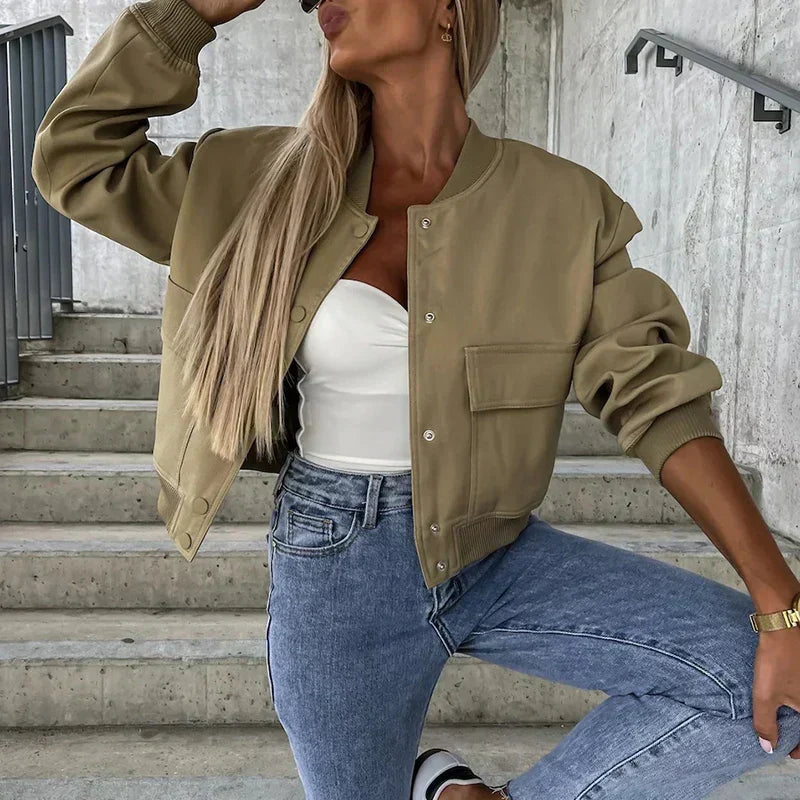 Dames bomberjack – relaxed fit cropped model met ribboorden & drukknoopsluiting