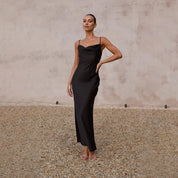 Elara satijnen maxi jurk dames – elegante avondjurk met lage rug & cowl hals