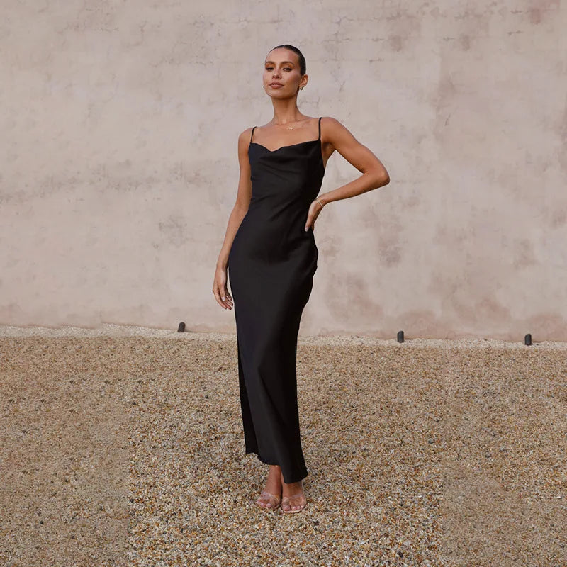 Elara satijnen maxi jurk dames – elegante avondjurk met lage rug & cowl hals