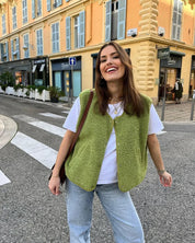 Ovelia dames bodywarmer – trendy wollen gilet met knopen en elegante V-hals