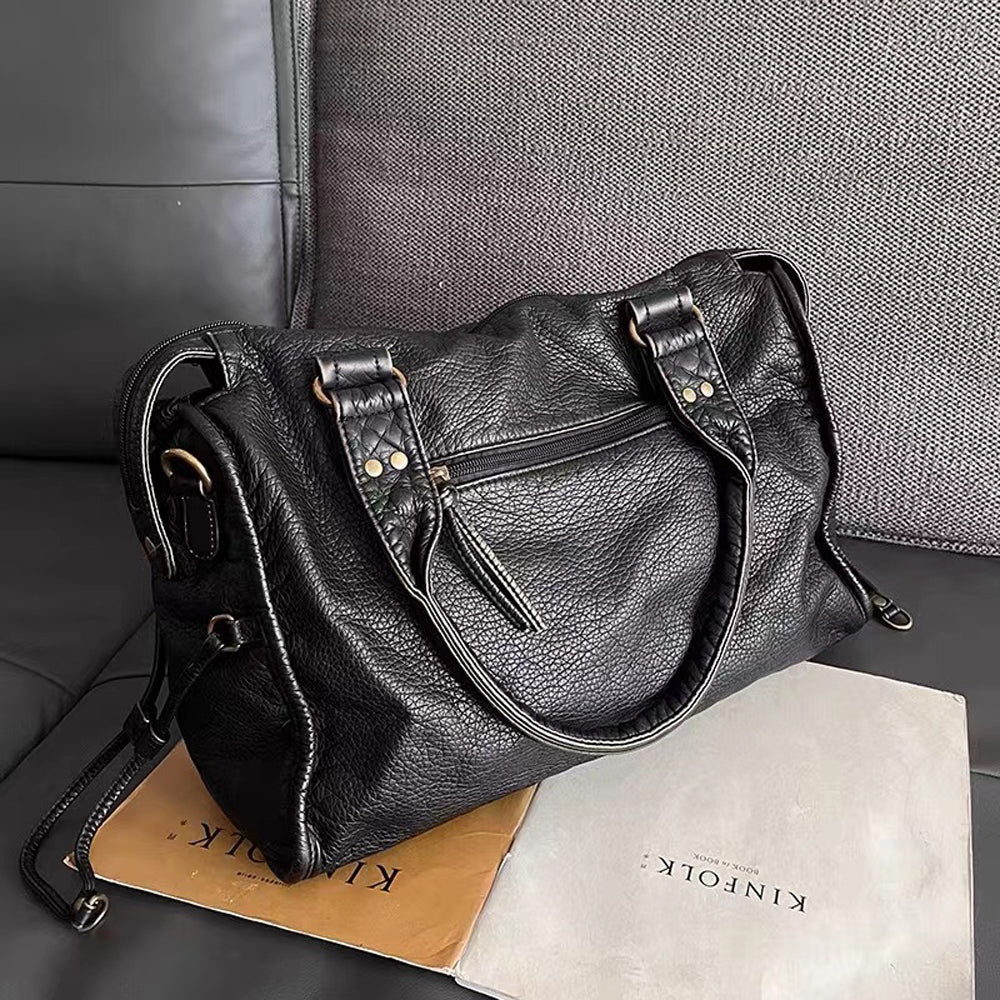 Grote Zwarte Vintage Handtas – Ruime PU-Leren Tas met Schouderband & Opbergvakken