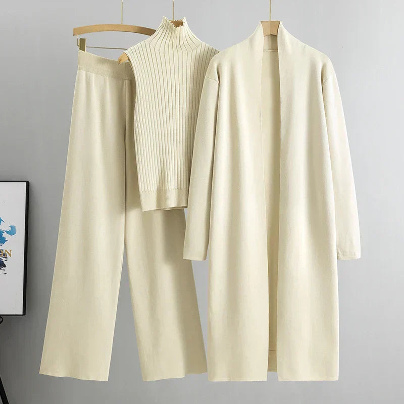 Roxy 3-delige co-ord set dames – gebreide cardigan, coltrui & wijde broek