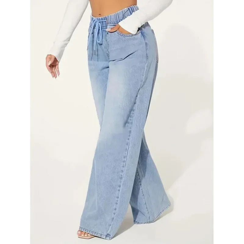 Wide leg jeans dames – high waist spijkerbroek met elastische taille & strik