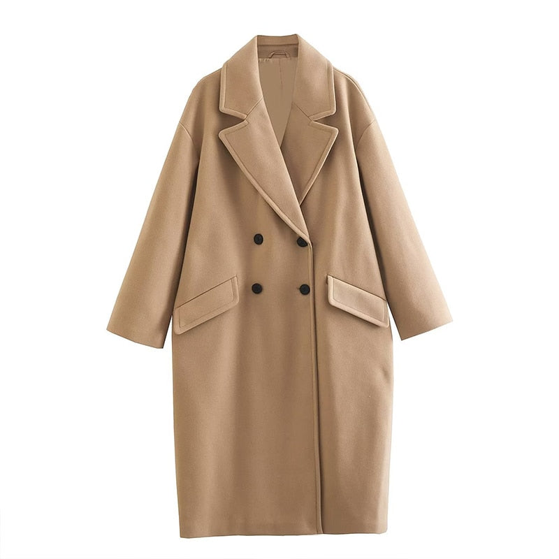 Lange dames jas wol – dubbel geknoopt & elegant voor herfst en winter