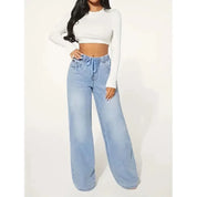 Wide leg jeans dames – high waist spijkerbroek met elastische taille & strik