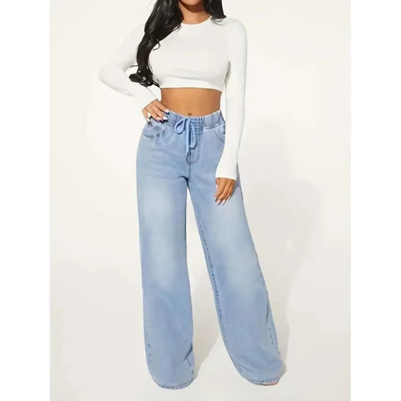 Wide leg jeans dames – high waist spijkerbroek met elastische taille & strik