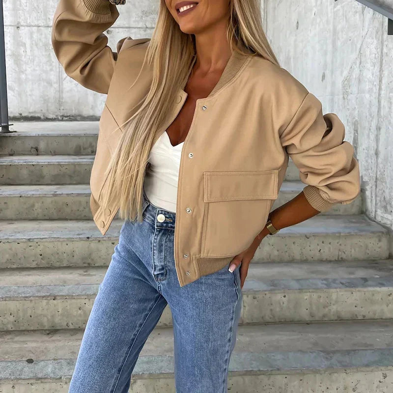 Dames bomberjack – relaxed fit cropped model met ribboorden & drukknoopsluiting