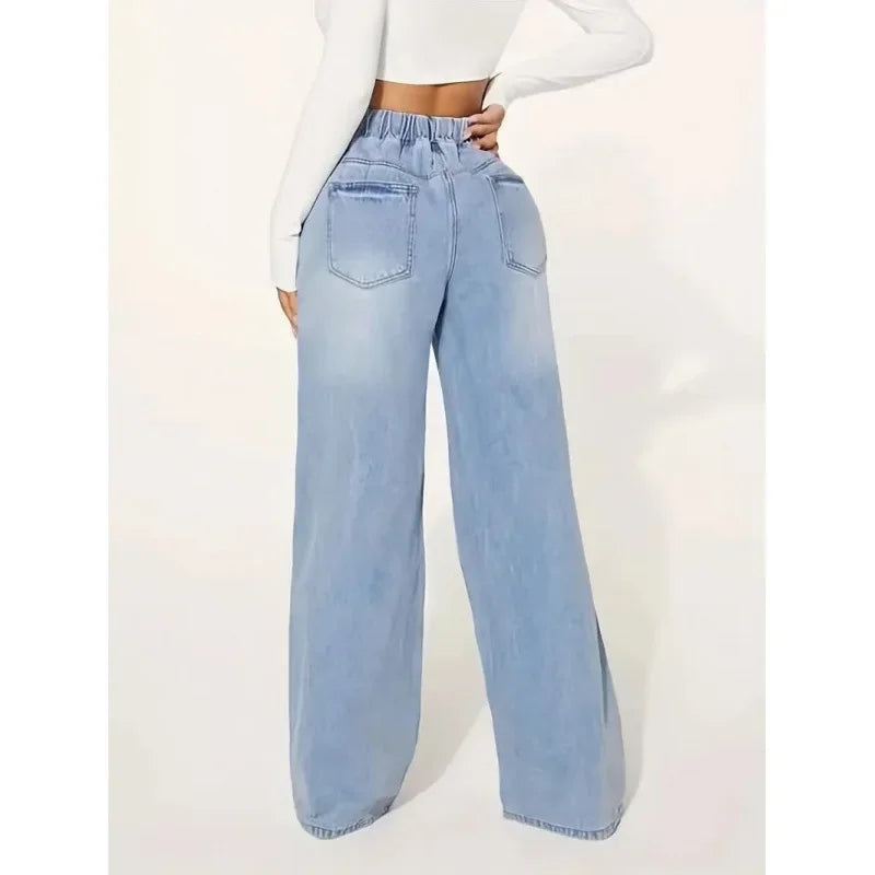 Wide leg jeans dames – high waist spijkerbroek met elastische taille & strik