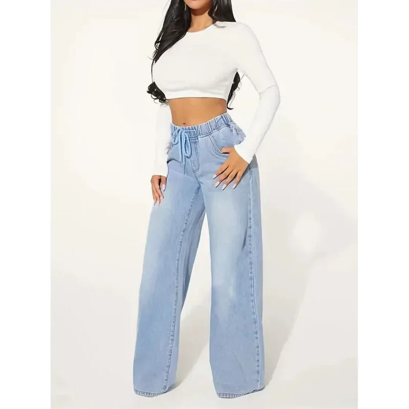 Wide leg jeans dames – high waist spijkerbroek met elastische taille & strik