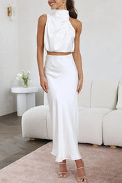 Satijnen Co-ord Set – Chique Halter Crop Top en Maxi Rok voor Feestelijke Gelegenheden