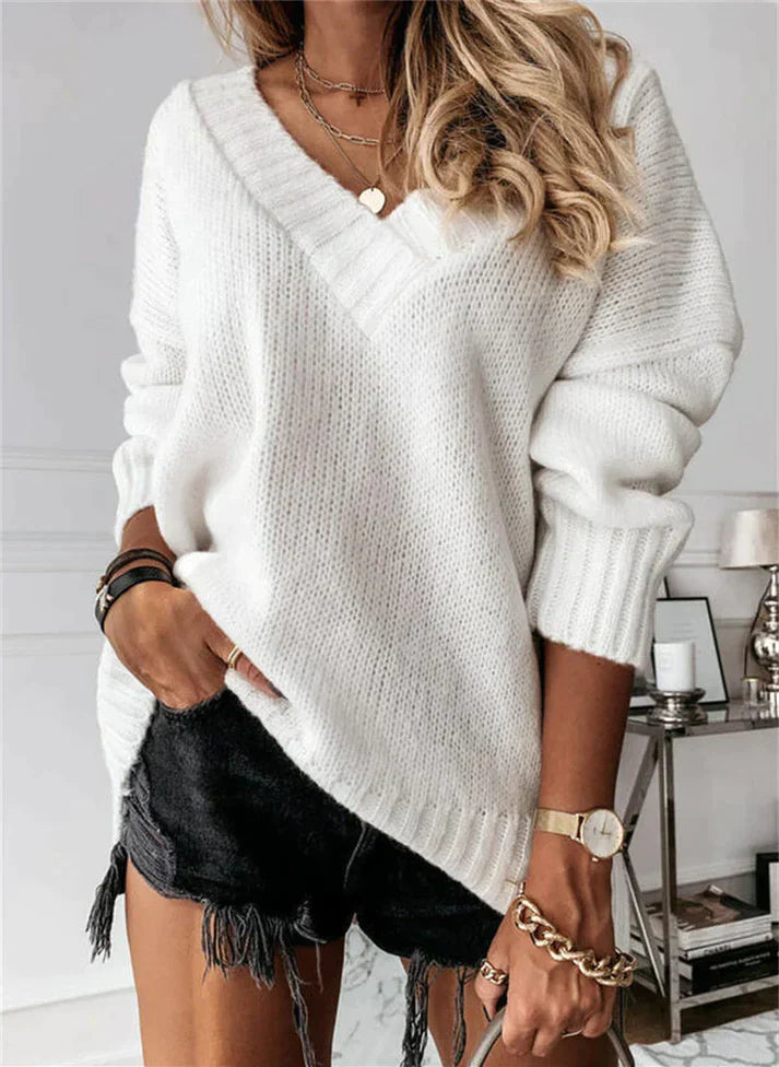 Zachte dames trui met V-hals – gebreide sweater voor herfst en winter