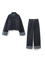 Denim Twee-Delen Ensemble met Lange Mouwen en Kraag – Stijlvol & Tijdloos