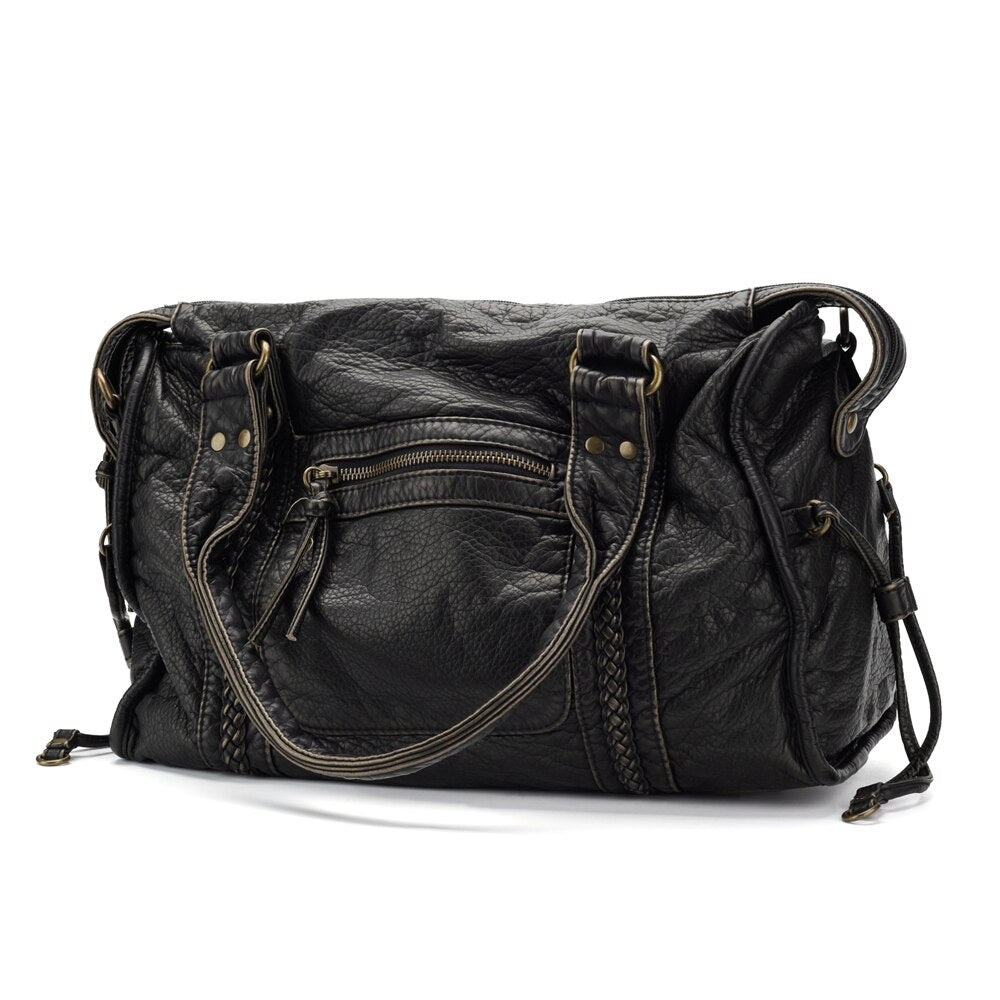 Grote Zwarte Vintage Handtas – Ruime PU-Leren Tas met Schouderband & Opbergvakken