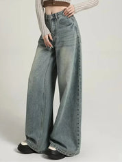 Grijze wide leg jeans dames – high waist spijkerbroek met stoere washed look