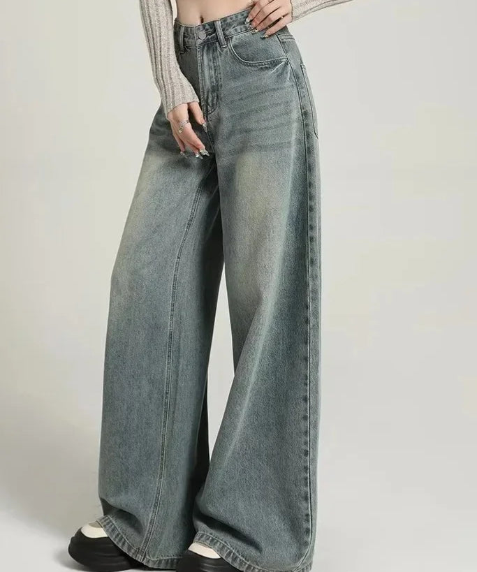 Grijze wide leg jeans dames – high waist spijkerbroek met stoere washed look