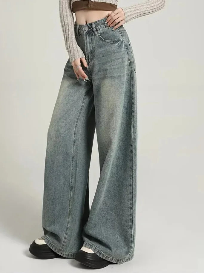 Grijze wide leg jeans dames – high waist spijkerbroek met stoere washed look