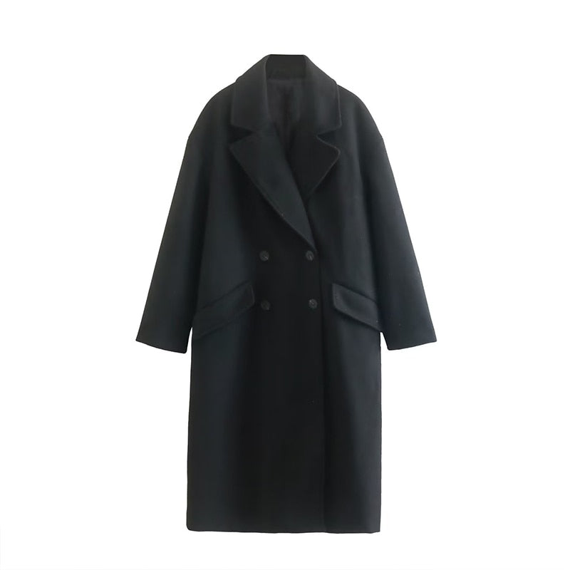 Lange dames jas wol – dubbel geknoopt & elegant voor herfst en winter