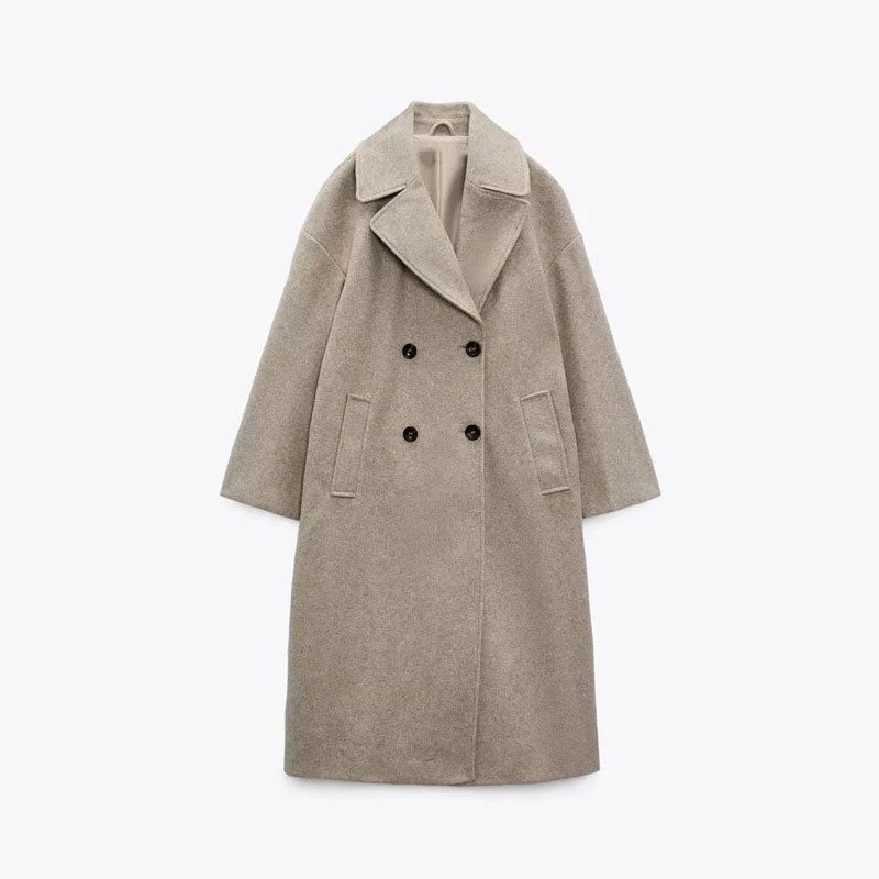 Lange dames jas wol – dubbel geknoopt & elegant voor herfst en winter