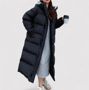 Lange zwarte dames winterjas – waterdichte gewatteerde puffer parka met capuchon
