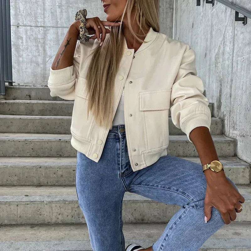 Dames bomberjack – relaxed fit cropped model met ribboorden & drukknoopsluiting