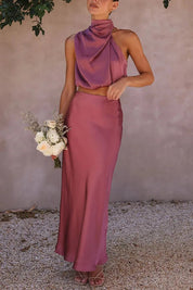 Satijnen Co-ord Set – Chique Halter Crop Top en Maxi Rok voor Feestelijke Gelegenheden