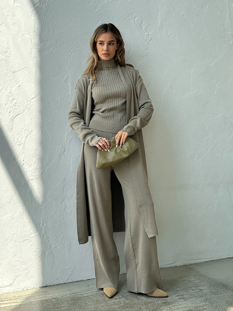 Roxy 3-delige co-ord set dames – gebreide cardigan, coltrui & wijde broek