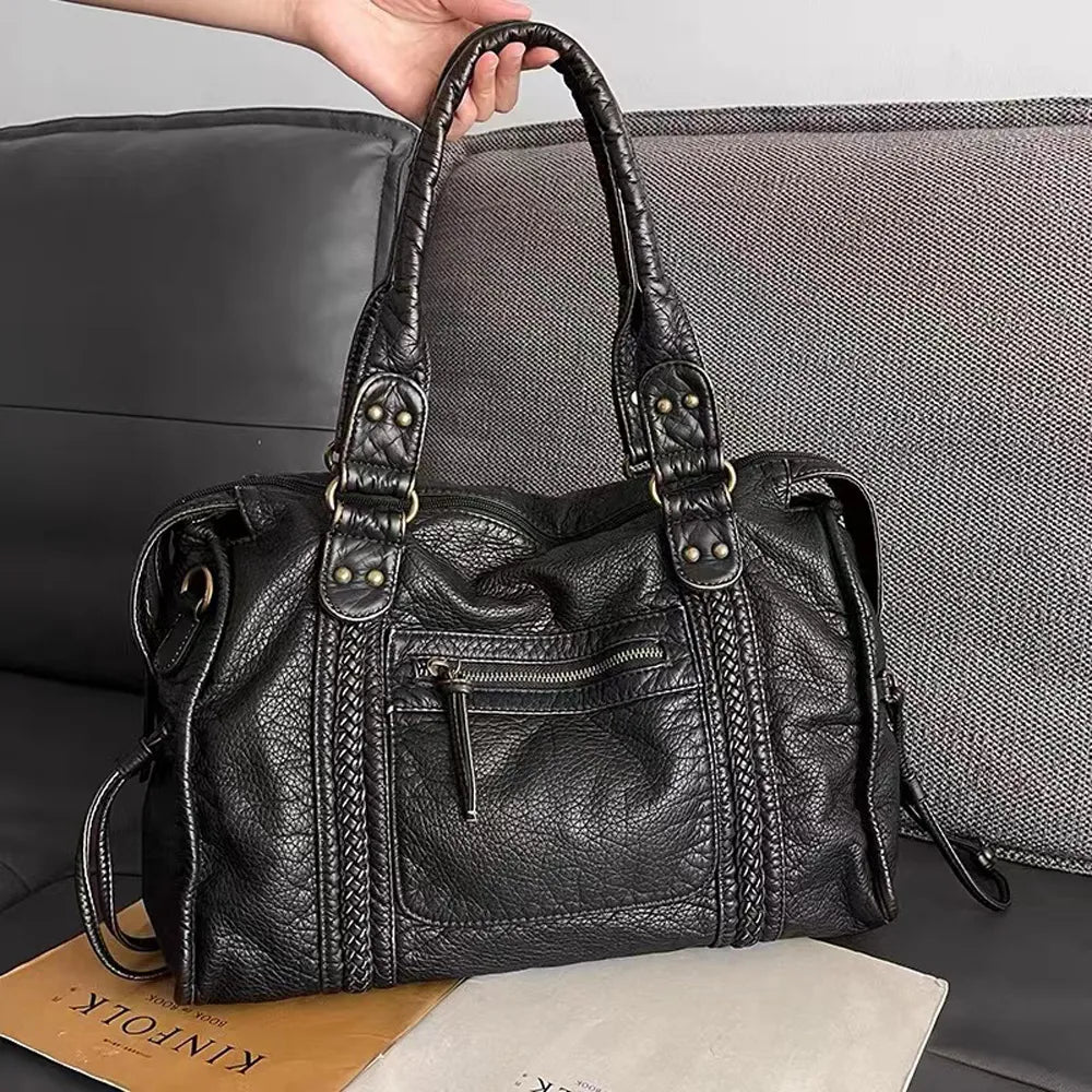 Grote Zwarte Vintage Handtas – Ruime PU-Leren Tas met Schouderband & Opbergvakken