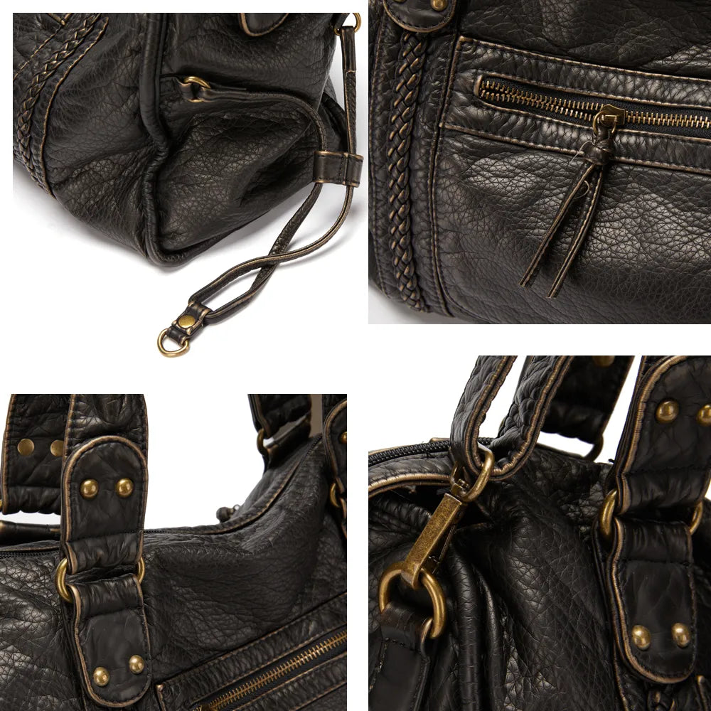 Grote Zwarte Vintage Handtas – Ruime PU-Leren Tas met Schouderband & Opbergvakken