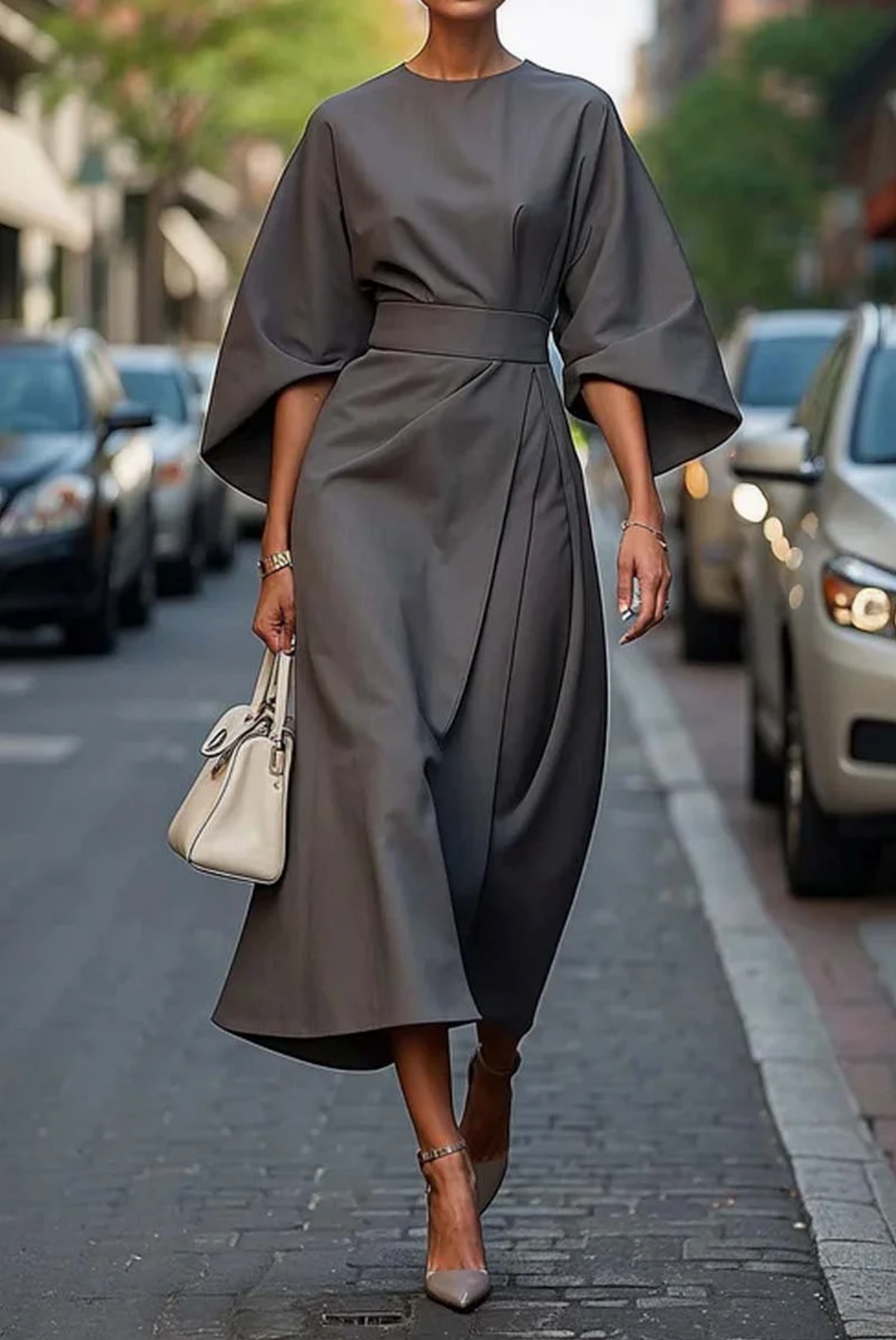 Elegante dames midi-jurk – stijlvol kleed met lantaarnmouwen en flatterende pasvorm