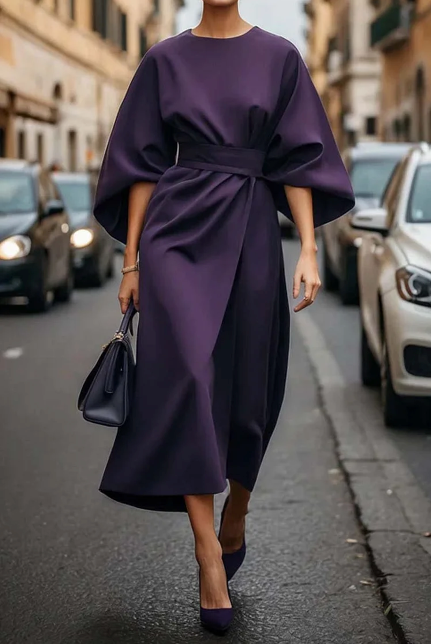 Elegante dames midi-jurk – stijlvol kleed met lantaarnmouwen en flatterende pasvorm