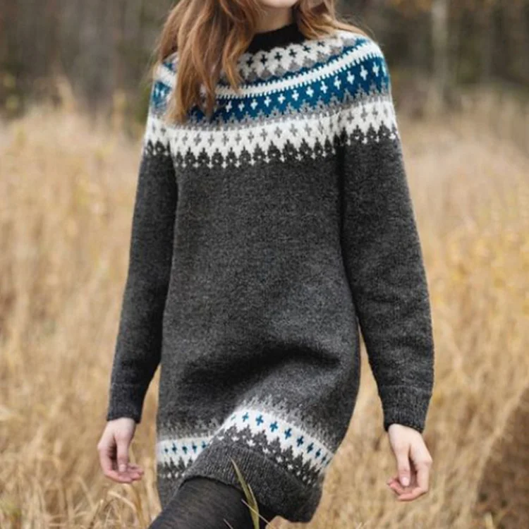 Gebreide Midi Jurk Dames – Warme Jurk met Scandinavische Print en Lange Mouwen