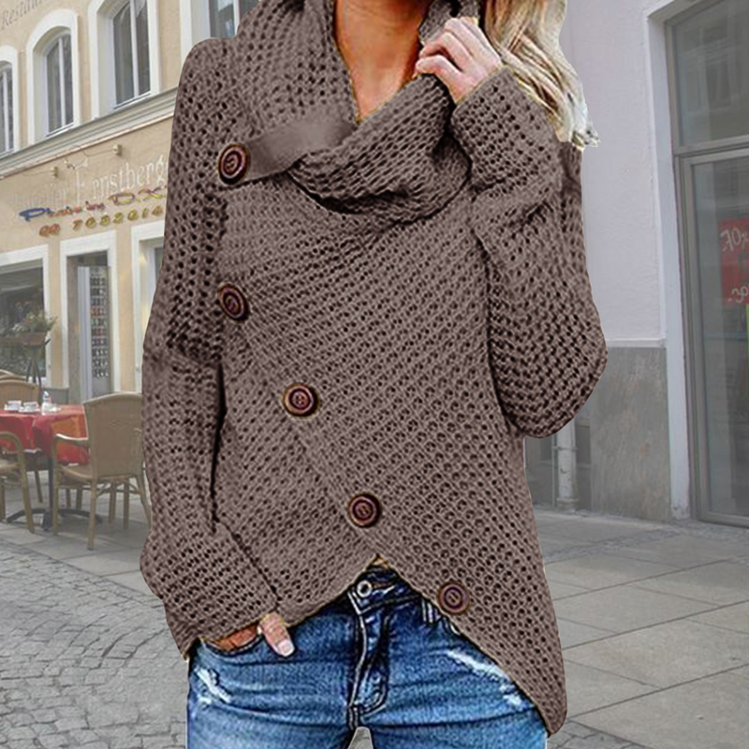 Hailey Turtleneck Damestrui – Moderne Oversized Coltrui met Asymmetrisch Design
