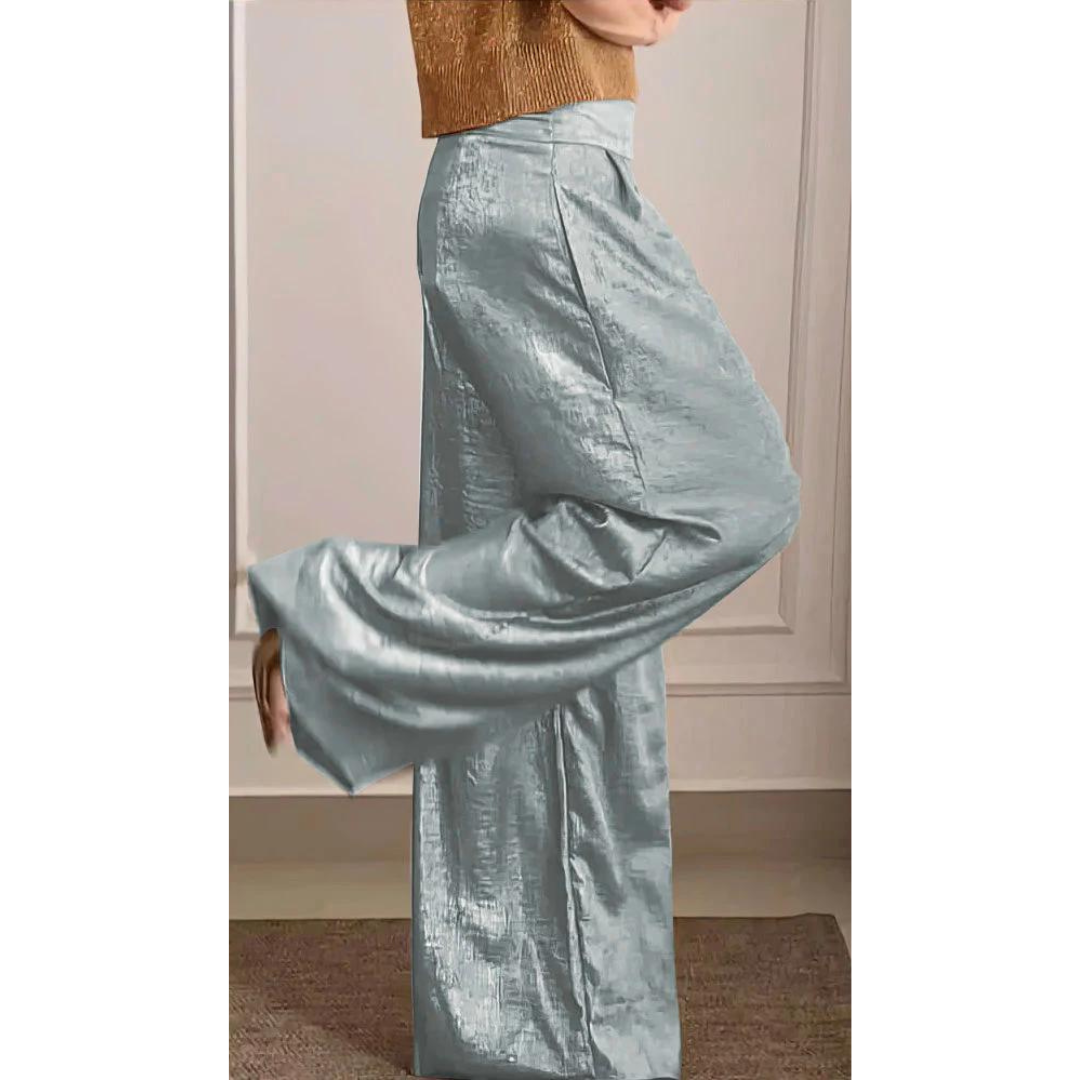 Damespantalon – Wijde Pijpen, Hoge Taille en Satijnlook met Elegante Pasvorm
