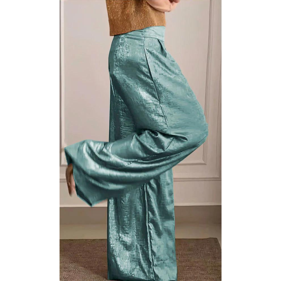 Damespantalon – Wijde Pijpen, Hoge Taille en Satijnlook met Elegante Pasvorm