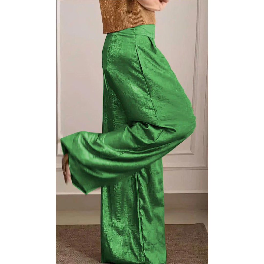 Damespantalon – Wijde Pijpen, Hoge Taille en Satijnlook met Elegante Pasvorm