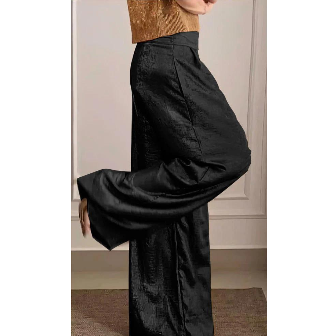 Damespantalon – Wijde Pijpen, Hoge Taille en Satijnlook met Elegante Pasvorm