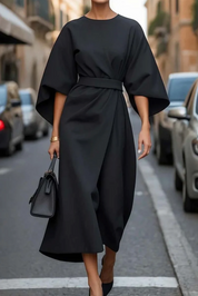 Elegante dames midi-jurk – stijlvol kleed met lantaarnmouwen en flatterende pasvorm