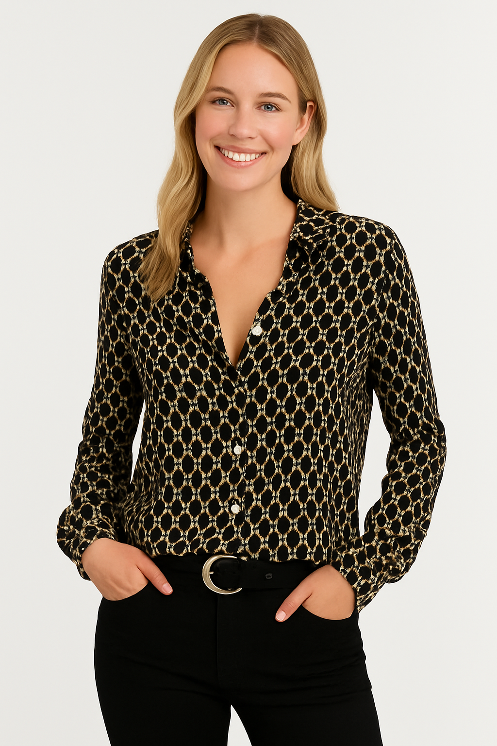 VADA dames blouse – geometrisch patroon met V-hals & lange mouwen