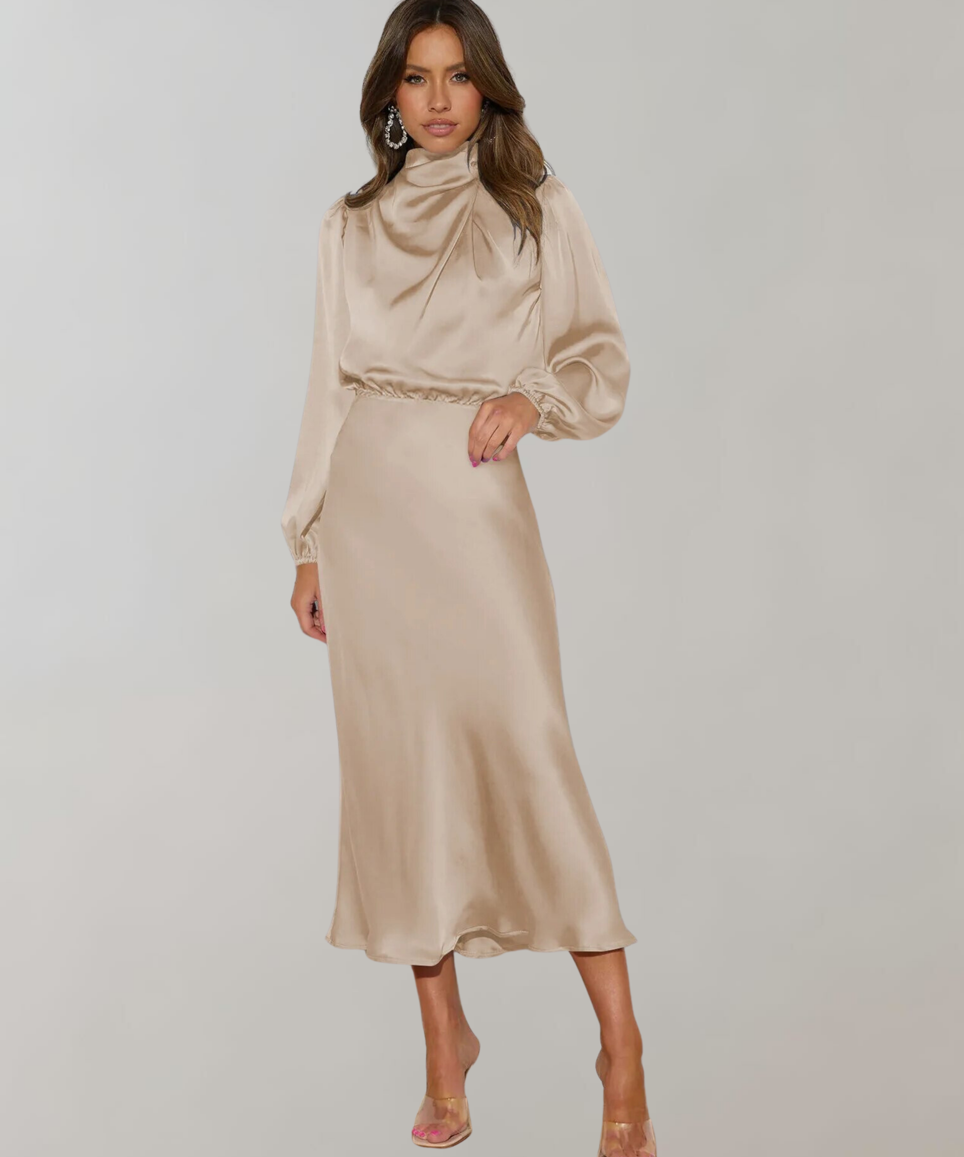 Valentina Rossi satijnen jurk – luxe lange jurk met lange mouwen en elegante pasvorm