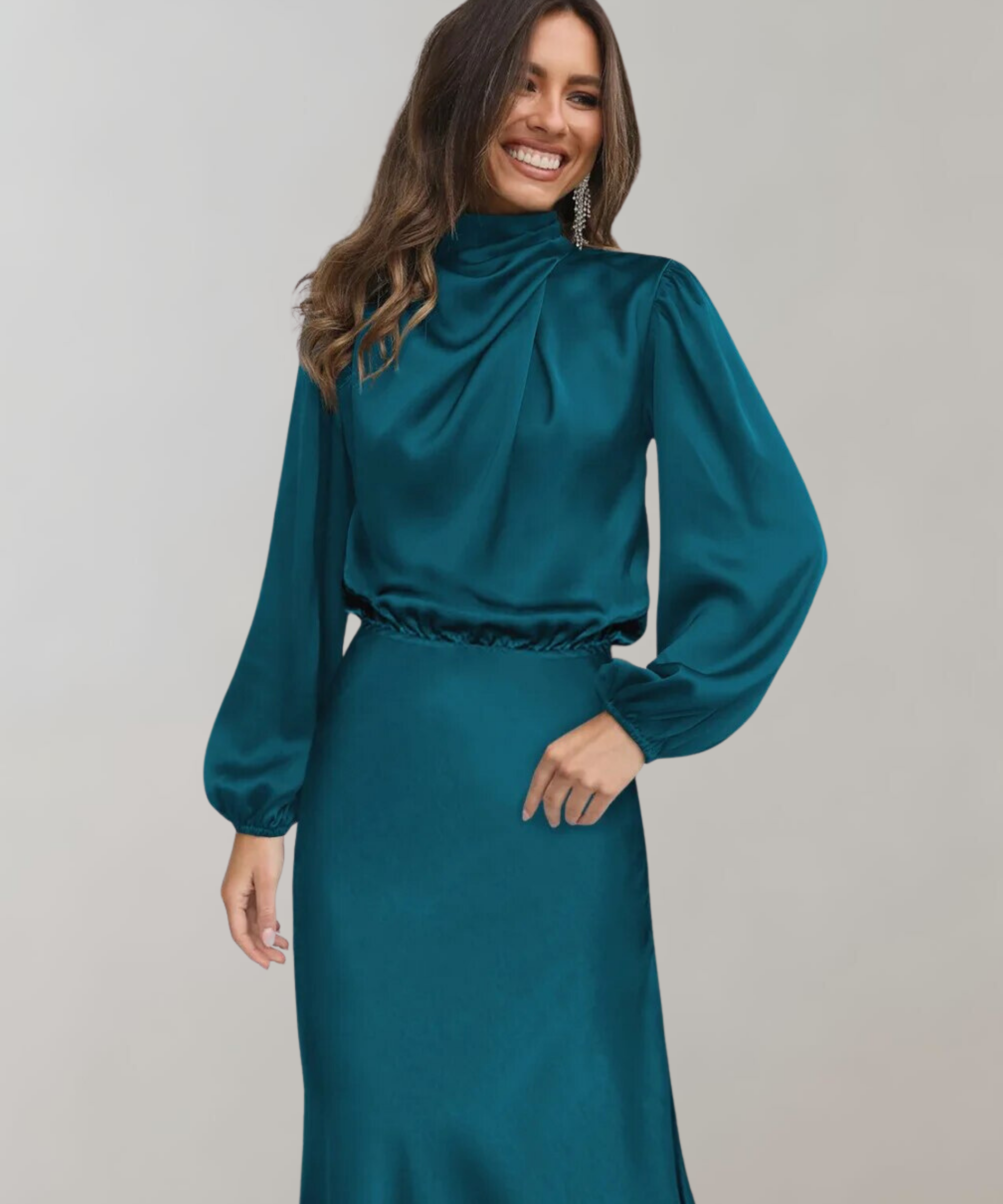 Valentina Rossi satijnen jurk – luxe lange jurk met lange mouwen en elegante pasvorm