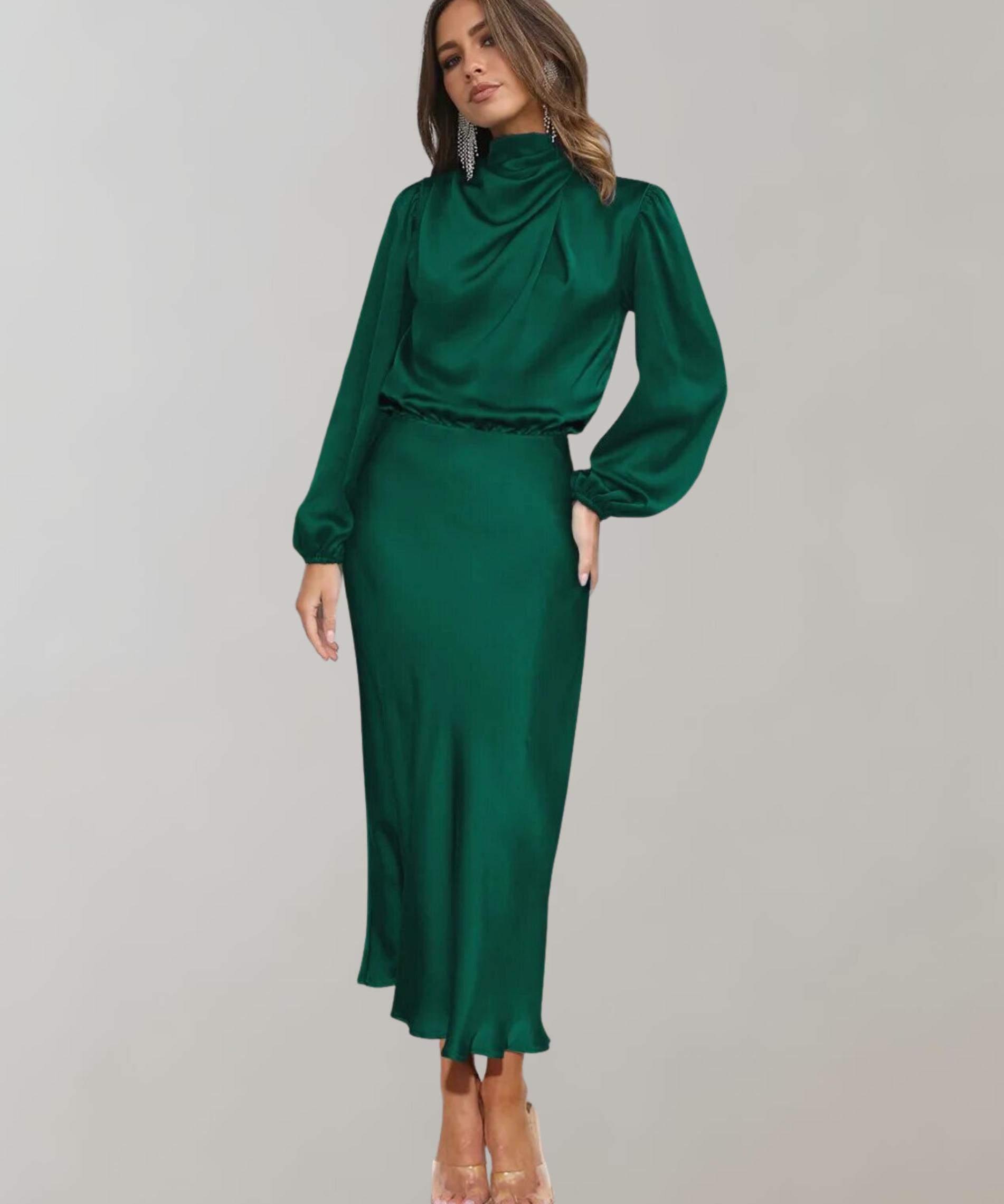 Valentina Rossi satijnen jurk – luxe lange jurk met lange mouwen en elegante pasvorm