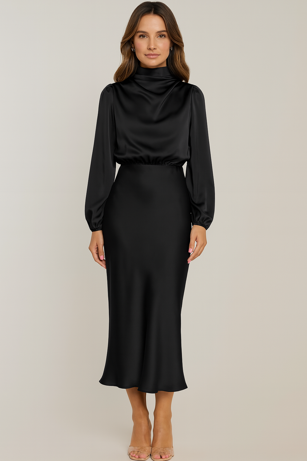 Valentina Rossi satijnen jurk – luxe lange jurk met lange mouwen en elegante pasvorm