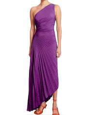 Delfina Geplooide Maxi-Jurk Dames – Elegante One-Shoulder Jurk met Schuine Kraag