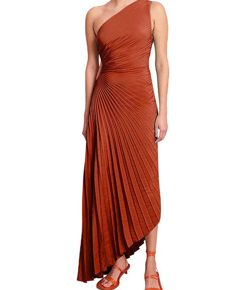 Delfina Geplooide Maxi-Jurk Dames – Elegante One-Shoulder Jurk met Schuine Kraag