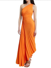 Delfina Geplooide Maxi-Jurk Dames – Elegante One-Shoulder Jurk met Schuine Kraag