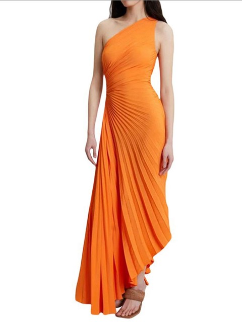 Delfina Geplooide Maxi-Jurk Dames – Elegante One-Shoulder Jurk met Schuine Kraag