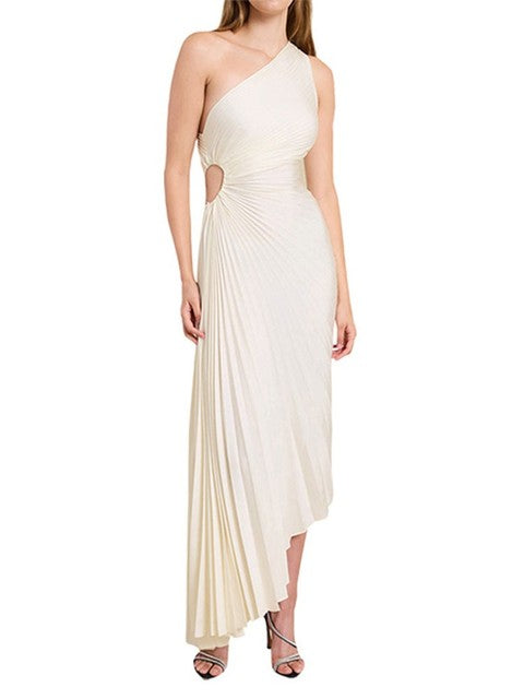 Delfina Geplooide Maxi-Jurk Dames – Elegante One-Shoulder Jurk met Schuine Kraag