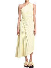 Delfina Geplooide Maxi-Jurk Dames – Elegante One-Shoulder Jurk met Schuine Kraag