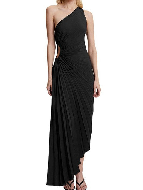 Delfina Geplooide Maxi-Jurk Dames – Elegante One-Shoulder Jurk met Schuine Kraag